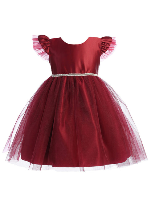 Baby Girls Burgundy Satin Tulle Flutter Sleeve Flower Girl Dress 6-24Months - SophiasStyle.com